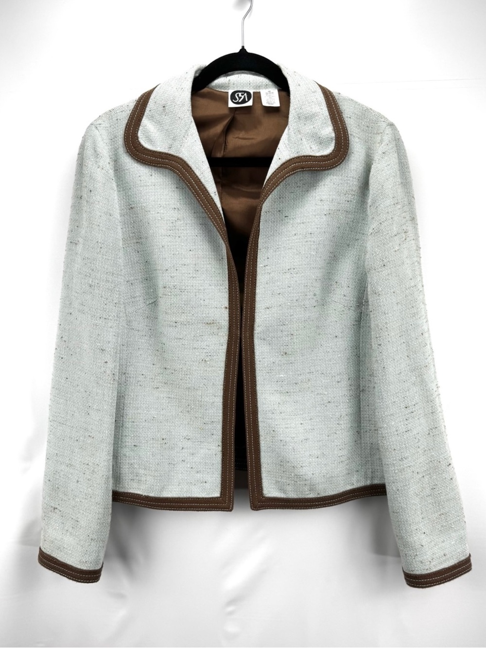 Turquoise Specked Tweed Blazer Jacket with Brown Trim